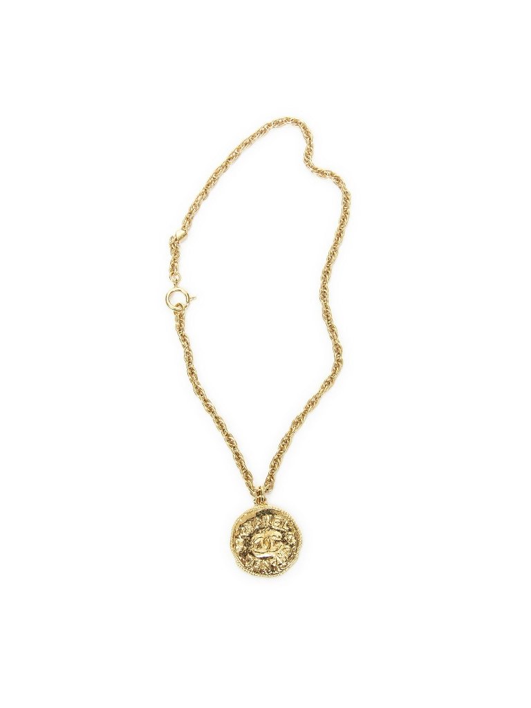 Chanel Cc Round Pendant Chain Necklace Gold Plated